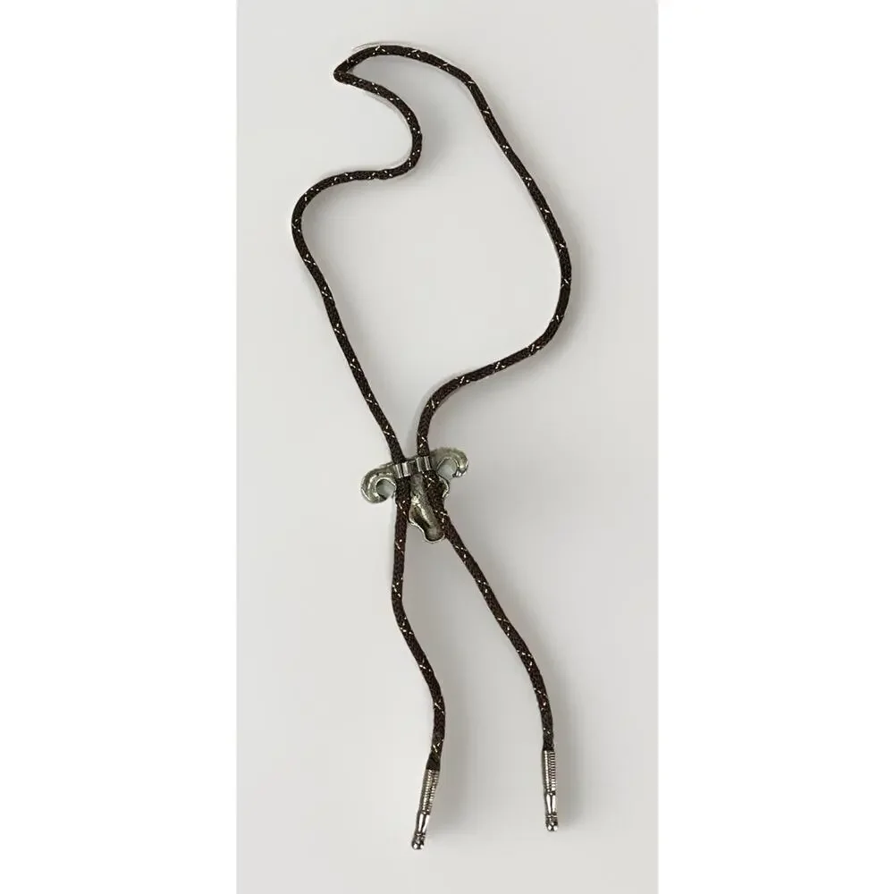 Western Ram Skull Bolo Tie Silver Tone Red Eyes Brown Braided Cord 33”